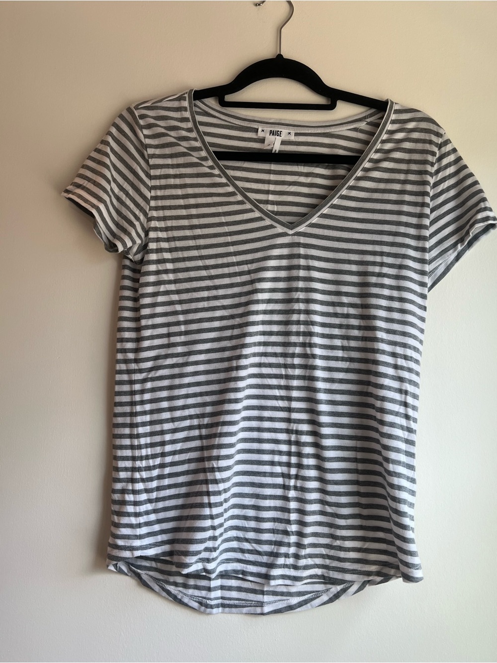 PAIGE Gray & White Striped V-Neck Short Sleeve Tee